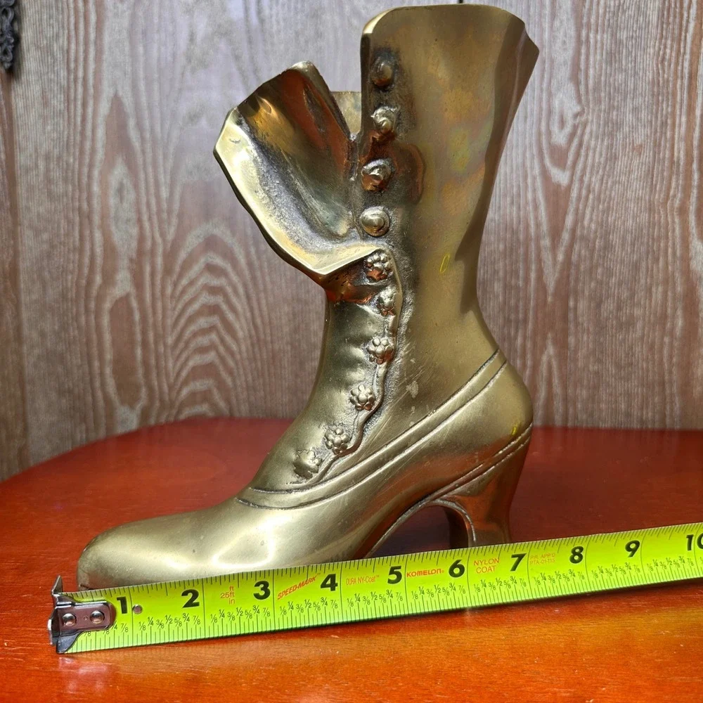 Vintage Solid Brass Victorian High Top Button Boot Vase Planter Decor 9